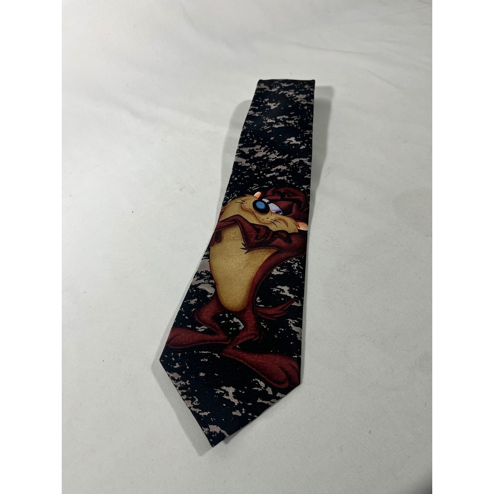 VTG 2002 Looney Tunes Tazmanian Devil Silk Necktie Warner Bros Black Tie Y2K